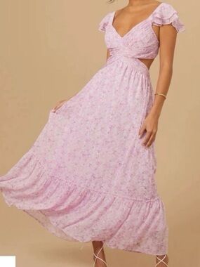 Romantic Light Pink Floral Maxi Dress with Flutter Sleeves